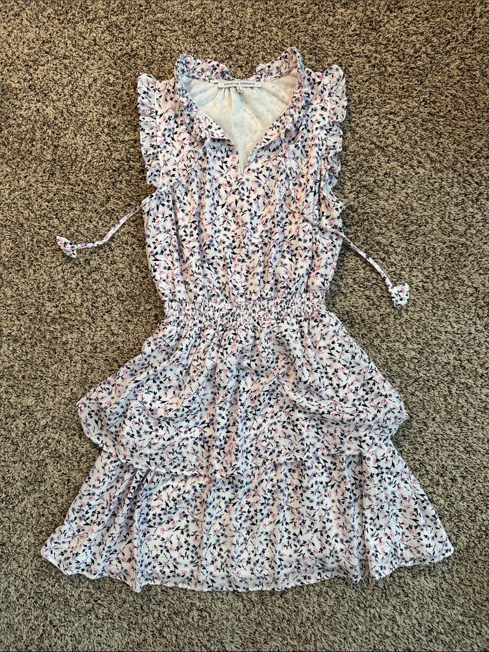 Collective Concepts Floral Tiered Dress in Cream, Pink & Navy Accents